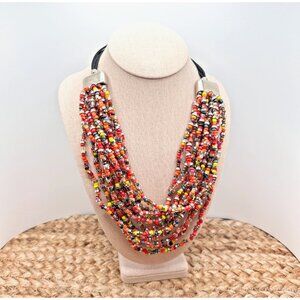 Vintage Artisan 14-Strand Boho Necklace Multicolor Glass Bead Layered Tribal Bib